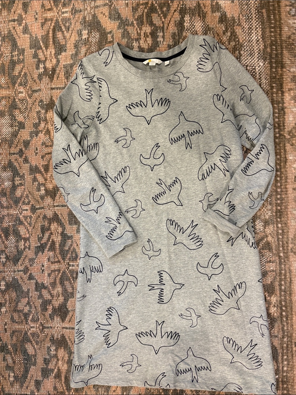 Boden Grey Dress with Navy Bird Outline Print